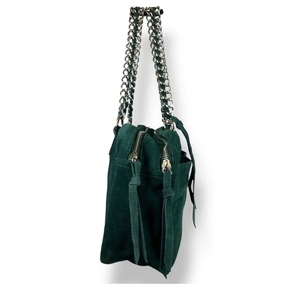 Green Suede Shoulder Bag | Y2K Silver | Soft Suede Leather - Picture 3 of 7